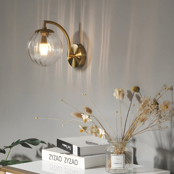 Elegant 1-Light Curved Arm Wall Sconce with Stylish Ribbed Glass Ball Shade - Perfect for Home Decor