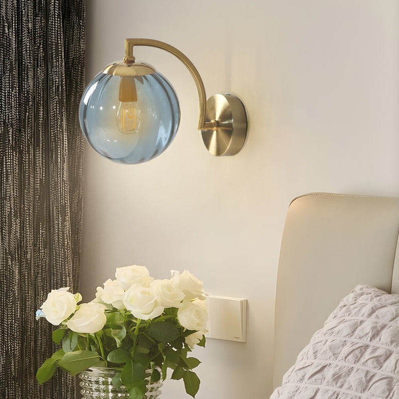 Elegant 1-Light Curved Arm Wall Sconce with Stylish Ribbed Glass Ball Shade - Perfect for Home Decor