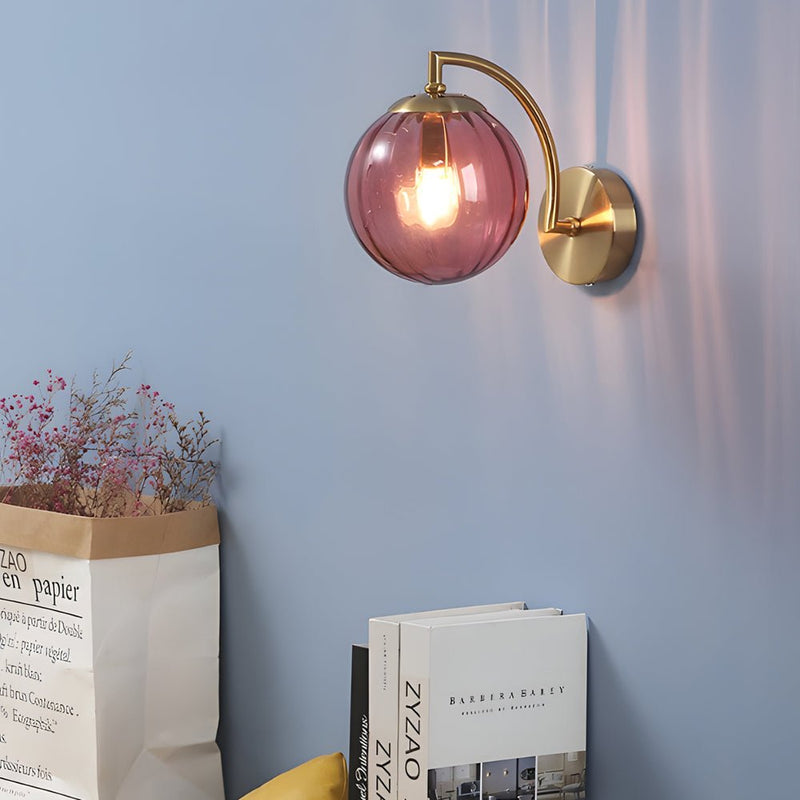 Elegant 1-Light Curved Arm Wall Sconce with Stylish Ribbed Glass Ball Shade - Perfect for Home Decor