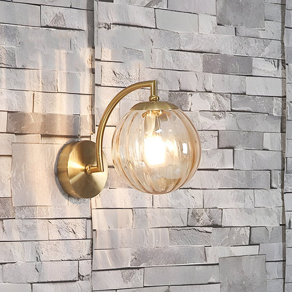 Elegant 1-Light Curved Arm Wall Sconce with Stylish Ribbed Glass Ball Shade - Perfect for Home Decor