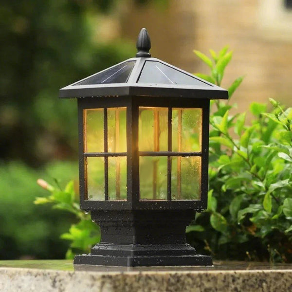 Classic Black Waterproof Solar Pillar Lights - Traditional Square LED Design for Outdoor Lighting
