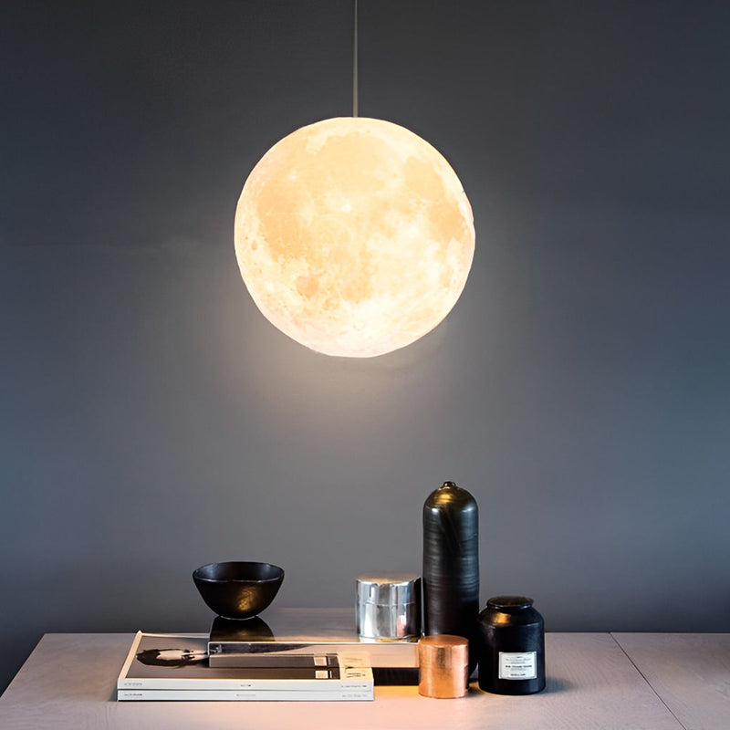 Round Moon Lunar 3D Pendant Lamp - Creative White Hanging Ceiling Light for Modern Home Decor