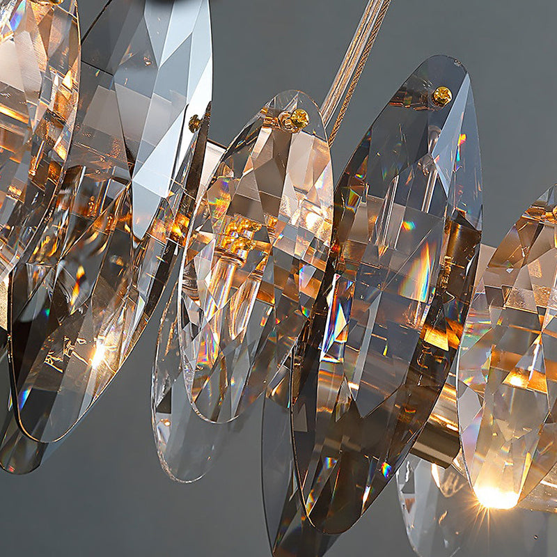 Modern Round Iron LED Oval Crystal Chandelier - Smoke Gray Finish - Elegant Lighting Fixture for Home Decor