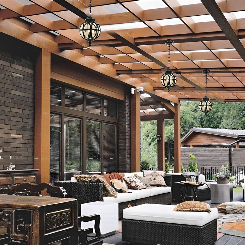 European Retro Pendant Light - Aluminum & Glass Hanging Ball for Outdoor Ceiling Illumination