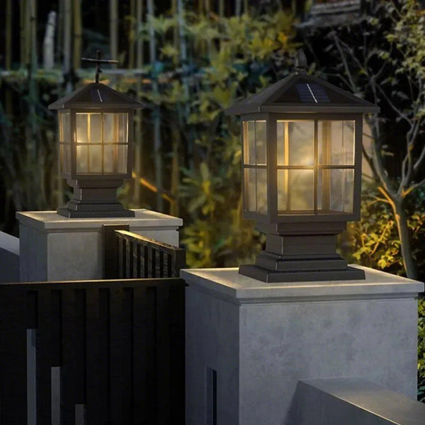 Classic Black Waterproof Solar Pillar Lights - Traditional Square LED Design for Outdoor Lighting