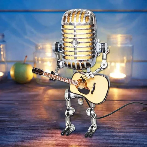 Vintage Metal Microphone Robot Lamp with Guitar Design - Unique Home Decor & Gift Idea