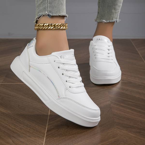 Women's White Orthopedic PU Leather Sneakers - Stylish Gold & Silver Accents | Comfortable & Supportive Footwear