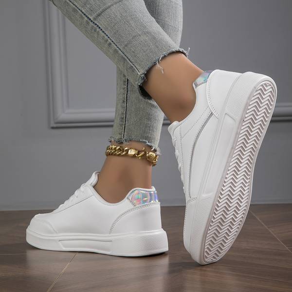 Women's White Orthopedic PU Leather Sneakers - Stylish Gold & Silver Accents | Comfortable & Supportive Footwear