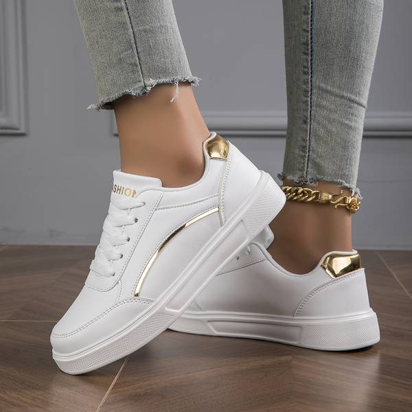 Women's White Orthopedic PU Leather Sneakers - Stylish Gold & Silver Accents | Comfortable & Supportive Footwear