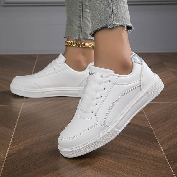 Women's White Orthopedic PU Leather Sneakers - Stylish Gold & Silver Accents | Comfortable & Supportive Footwear