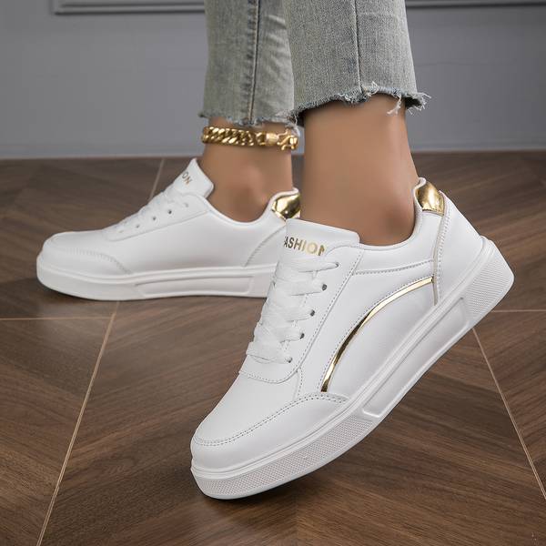 Women's White Orthopedic PU Leather Sneakers - Stylish Gold & Silver Accents | Comfortable & Supportive Footwear