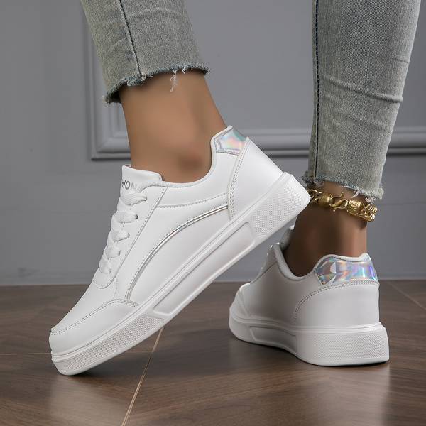 Women's White Orthopedic PU Leather Sneakers - Stylish Gold & Silver Accents | Comfortable & Supportive Footwear