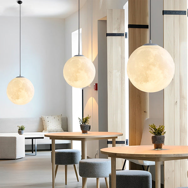 Round Moon Lunar 3D Pendant Lamp - Creative White Hanging Ceiling Light for Modern Home Decor