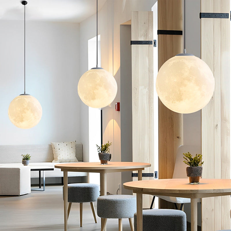 Round Moon Lunar 3D Pendant Lamp - Creative White Hanging Ceiling Light for Modern Home Decor