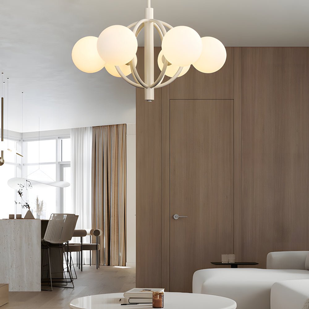 19.68-Inch Midcentury 6-Light Chandelier with Beige Glass Spheres - Elegant Lighting Fixture for Living Room, Dining Room, and Entryway