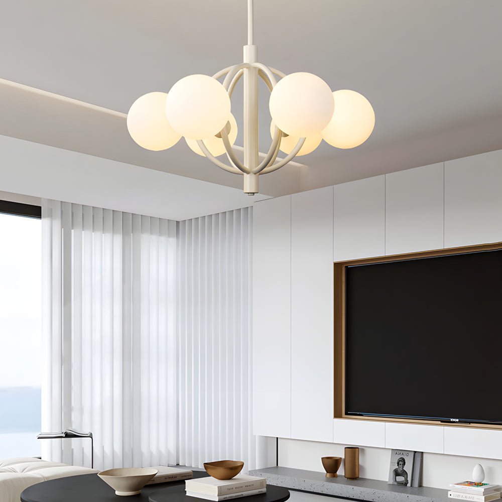 19.68-Inch Midcentury 6-Light Chandelier with Beige Glass Spheres - Elegant Lighting Fixture for Living Room, Dining Room, and Entryway