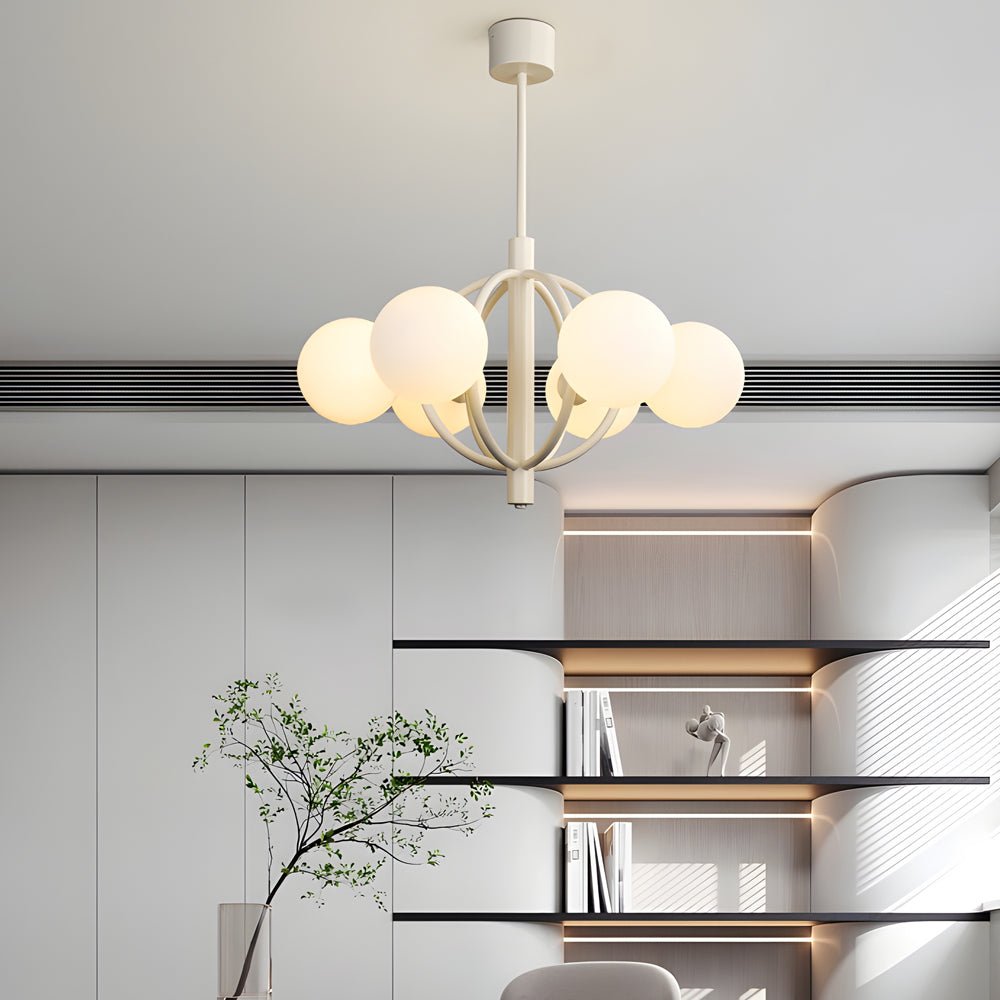 19.68-Inch Midcentury 6-Light Chandelier with Beige Glass Spheres - Elegant Lighting Fixture for Living Room, Dining Room, and Entryway