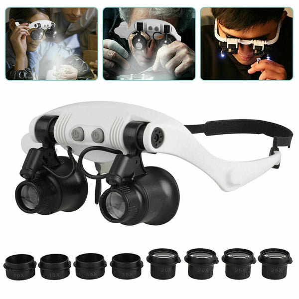 LED Headband Magnifier with 8 Interchangeable Lenses - Adjustable Jeweler's Glasses for Precision Work and Detailed Viewing