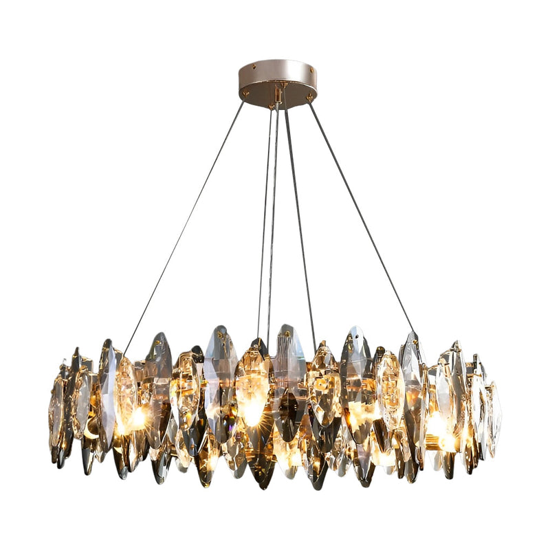 Modern Round Iron LED Oval Crystal Chandelier - Smoke Gray Finish - Elegant Lighting Fixture for Home Decor