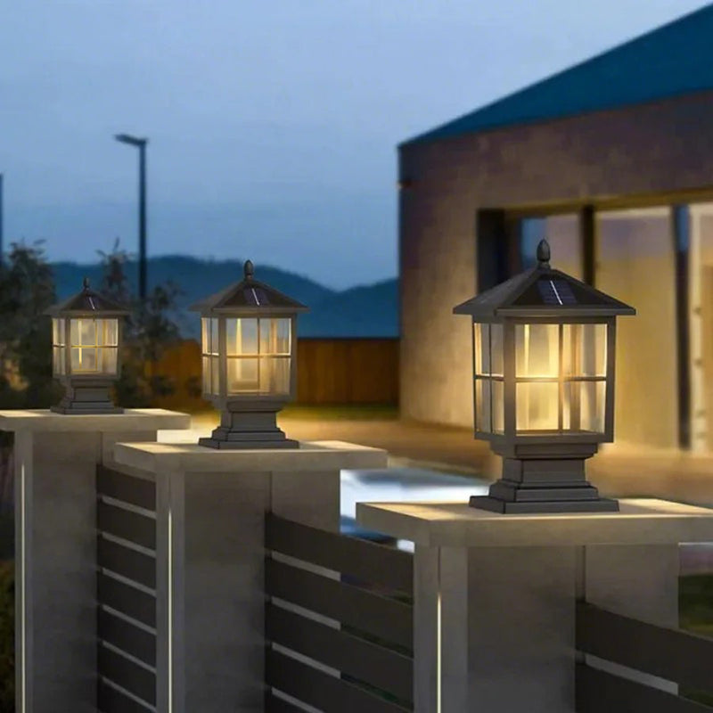 Classic Black Waterproof Solar Pillar Lights - Traditional Square LED Design for Outdoor Lighting