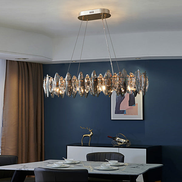 Modern Round Iron LED Oval Crystal Chandelier - Smoke Gray Finish - Elegant Lighting Fixture for Home Decor