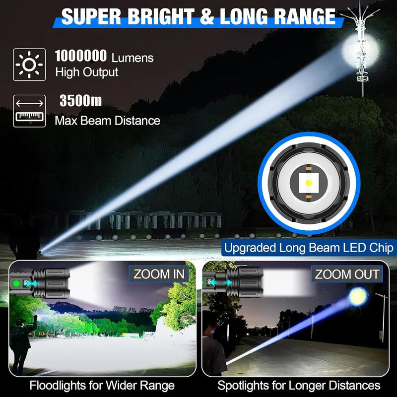 Super Bright 100,000 LM Rechargeable LED Tactical Flashlight - Ultra-High Lumens, Waterproof, Compact & Durable for Outdoor Adventures