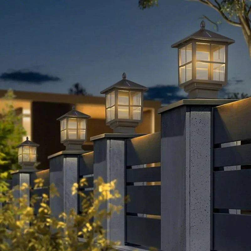 Classic Black Waterproof Solar Pillar Lights - Traditional Square LED Design for Outdoor Lighting