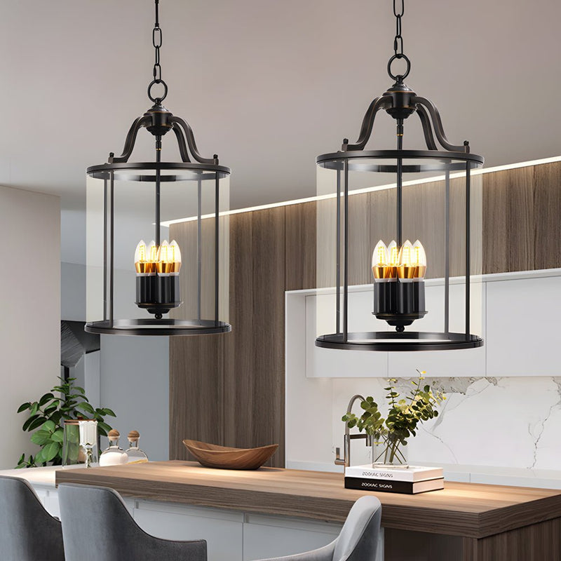 3/4-Light Vintage Cylinder Glass Lantern Pendant Light - Elegant Black Candlelight Fixture