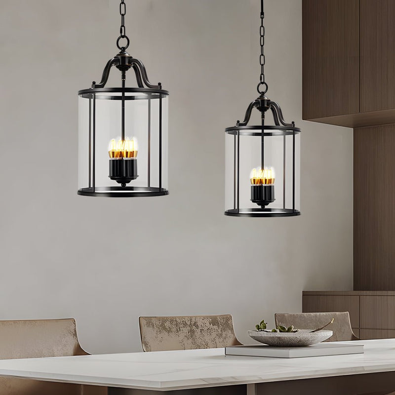 3/4-Light Vintage Cylinder Glass Lantern Pendant Light - Elegant Black Candlelight Fixture