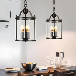 3/4-Light Vintage Cylinder Glass Lantern Pendant Light - Elegant Black Candlelight Fixture