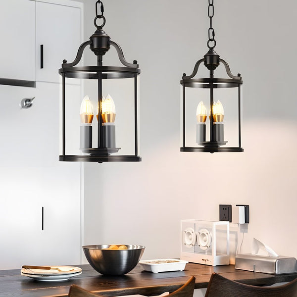 3/4-Light Vintage Cylinder Glass Lantern Pendant Light - Elegant Black Candlelight Fixture