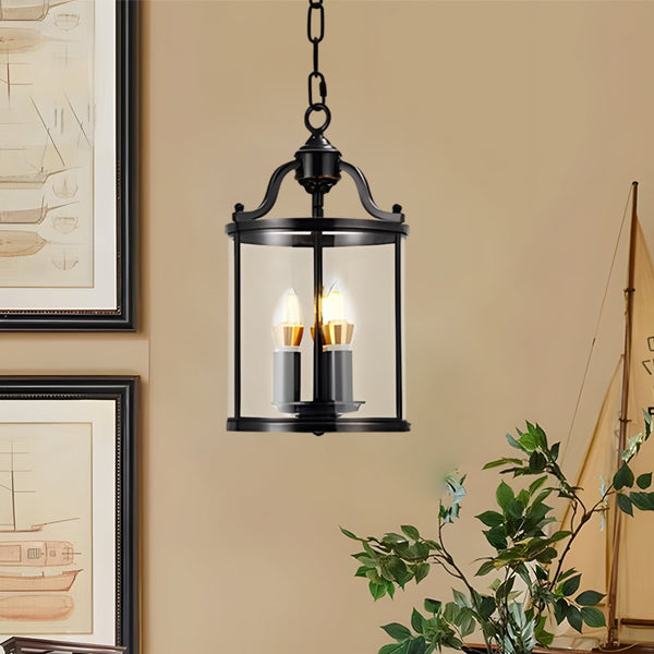 3/4-Light Vintage Cylinder Glass Lantern Pendant Light - Elegant Black Candlelight Fixture