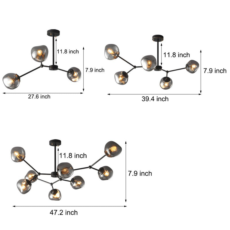 Modern 3/5/8-Light Molecule Dimpled Lava Glass Chandelier with Sleek Black Metallic Arms - Elegant Lighting Fixture for Home Decor