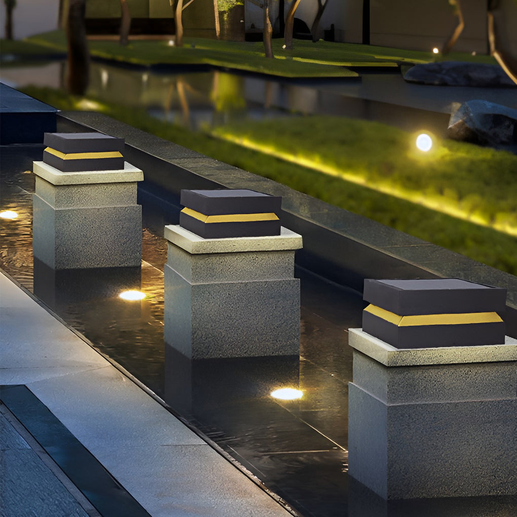 16W Waterproof Black Square LED Solar Post Cap Lights - Modern Pillar Lighting for Outdoor Use