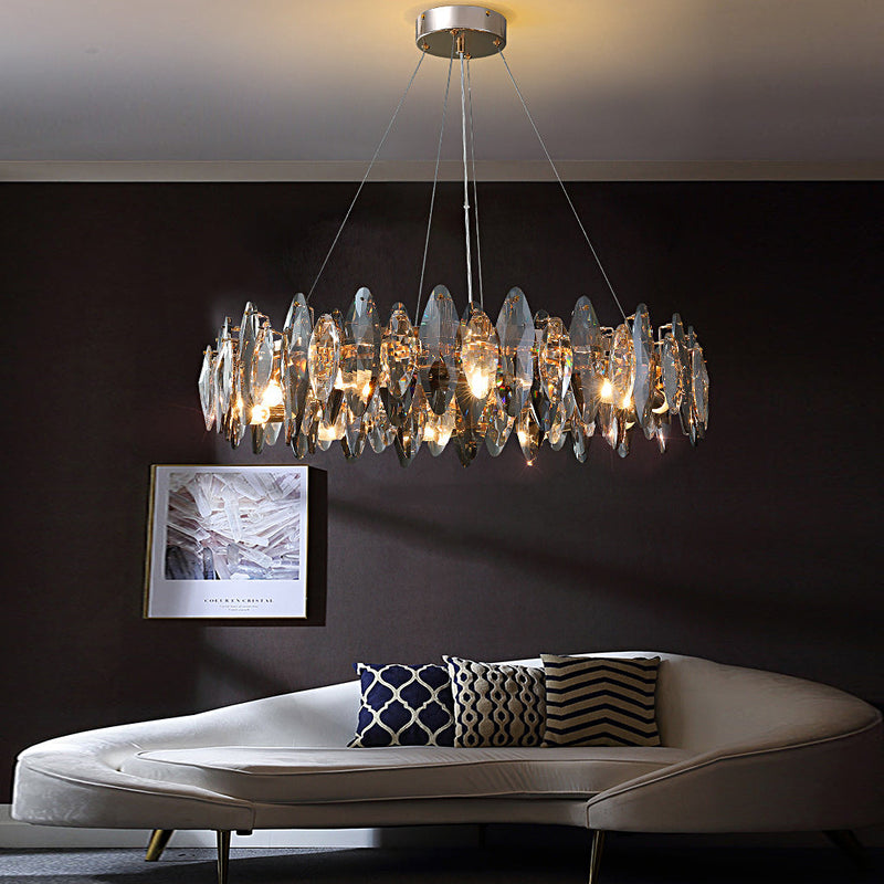 Modern Round Iron LED Oval Crystal Chandelier - Smoke Gray Finish - Elegant Lighting Fixture for Home Decor