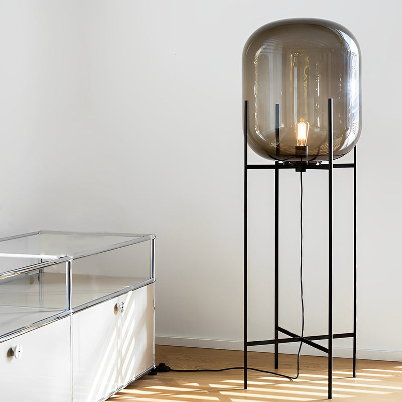 Industrial Standing Metal Floor Lamp with Hand-Blown Glass Shade - Modern Home Lighting