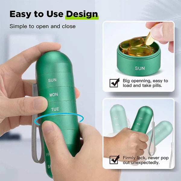 Travel-Friendly Aluminum 7-Day Pill Organizer | Portable Pill Box & Container for Medication Management