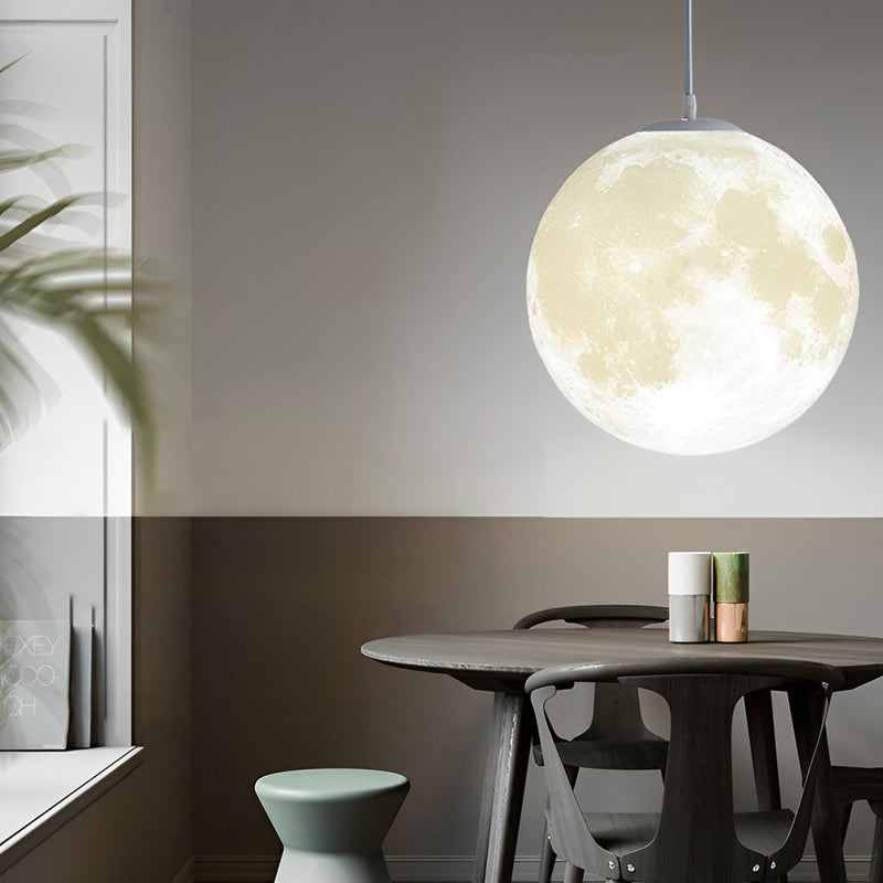 Round Moon Lunar 3D Pendant Lamp - Creative White Hanging Ceiling Light for Modern Home Decor