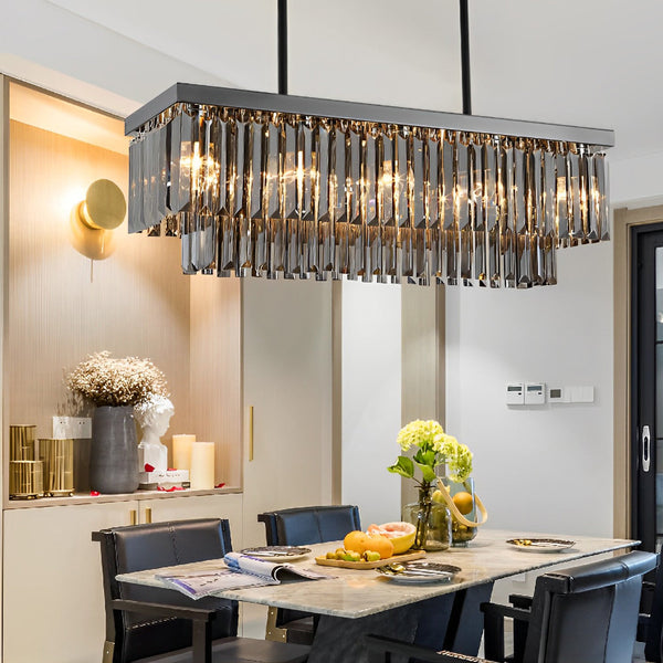 Sleek Modern Rectangular Crystal LED Chandelier - 3-Step Dimming, Smoke Gray Finish