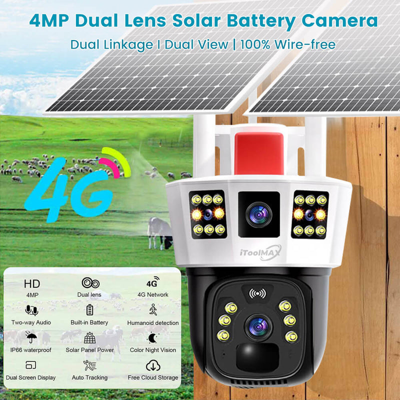 4MP Triple Lens Wireless Solar Security Camera - HD Night Vision, Motion Detection, Weatherproof