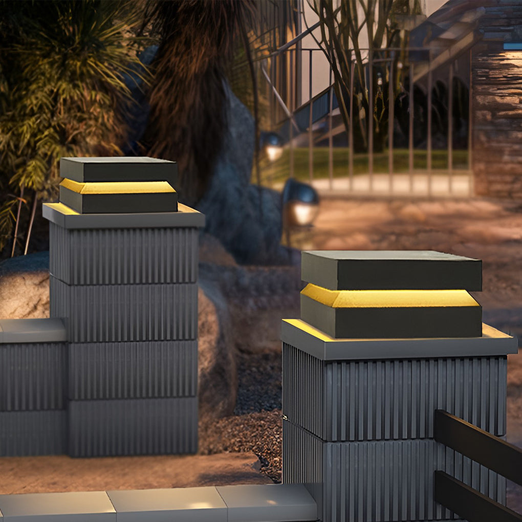 16W Waterproof Black Square LED Solar Post Cap Lights - Modern Pillar Lighting for Outdoor Use