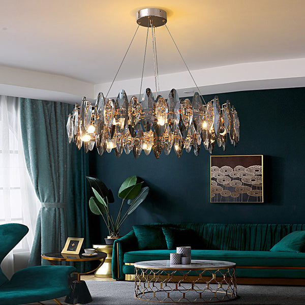 Modern Round Iron LED Oval Crystal Chandelier - Smoke Gray Finish - Elegant Lighting Fixture for Home Decor