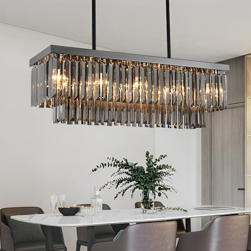 Sleek Modern Rectangular Crystal LED Chandelier - 3-Step Dimming, Smoke Gray Finish