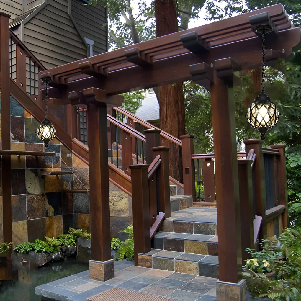 1-Light Outdoor Pendant Lantern - Elegant Tea Glass Globe Hanging Chandelier for Patios, Gardens & Outdoor Spaces