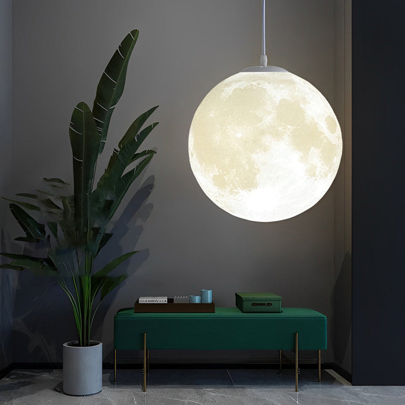Round Moon Lunar 3D Pendant Lamp - Creative White Hanging Ceiling Light for Modern Home Decor