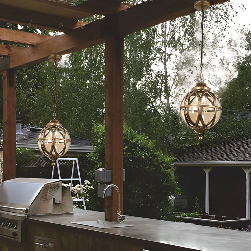 European Retro Pendant Light - Aluminum & Glass Hanging Ball for Outdoor Ceiling Illumination