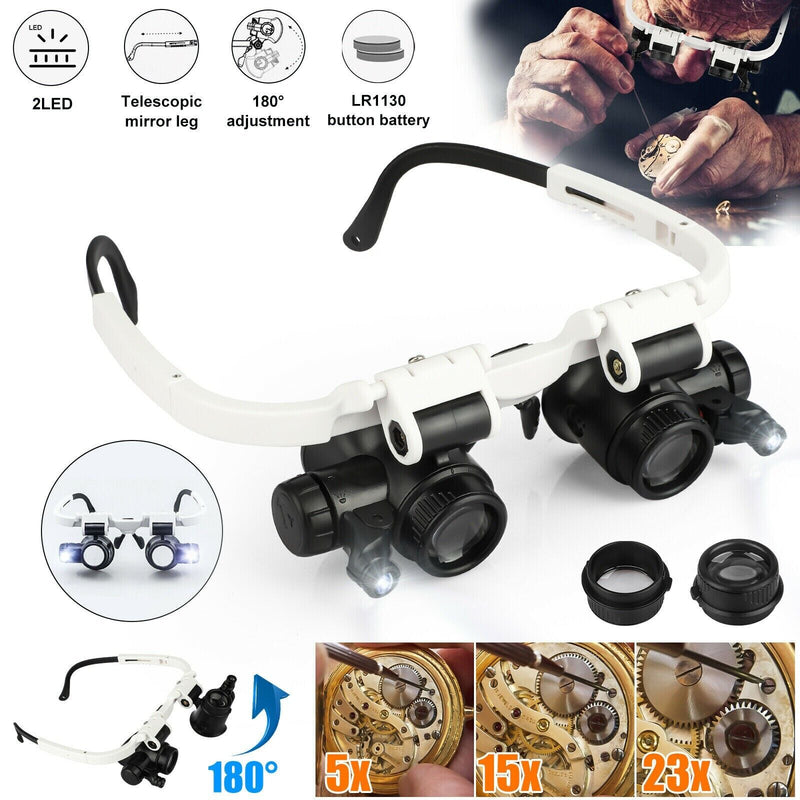LED Headband Magnifier with 8 Interchangeable Lenses - Adjustable Jeweler's Glasses for Precision Work and Detailed Viewing