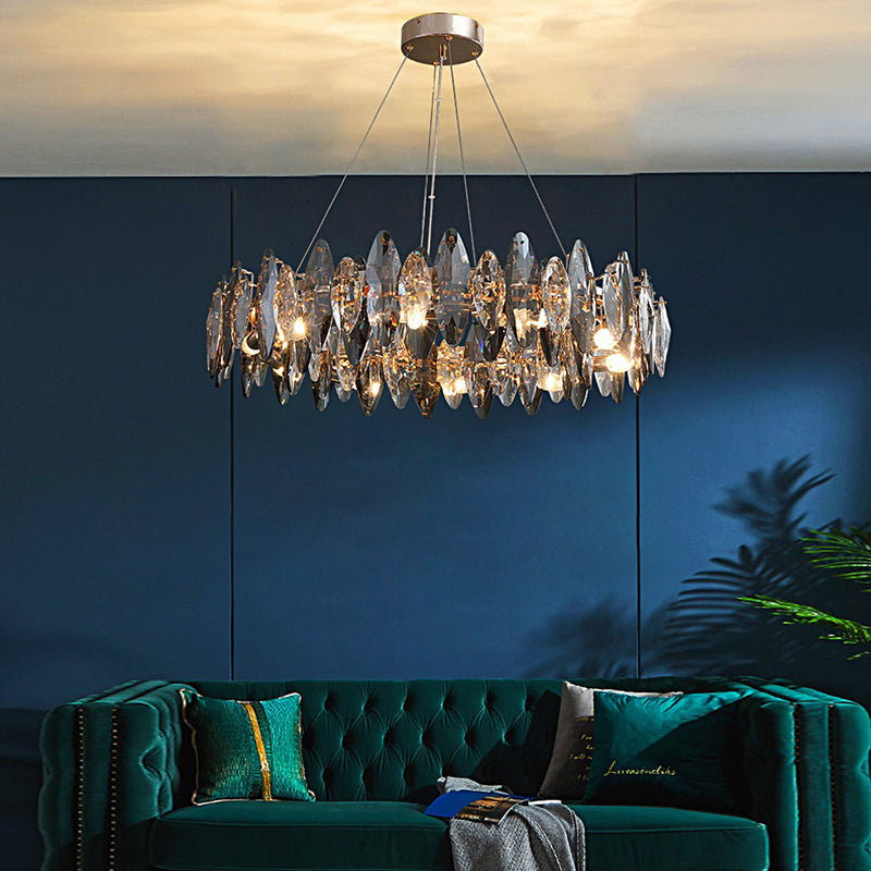 Modern Round Iron LED Oval Crystal Chandelier - Smoke Gray Finish - Elegant Lighting Fixture for Home Decor