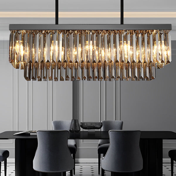 Sleek Modern Rectangular Crystal LED Chandelier - 3-Step Dimming, Smoke Gray Finish