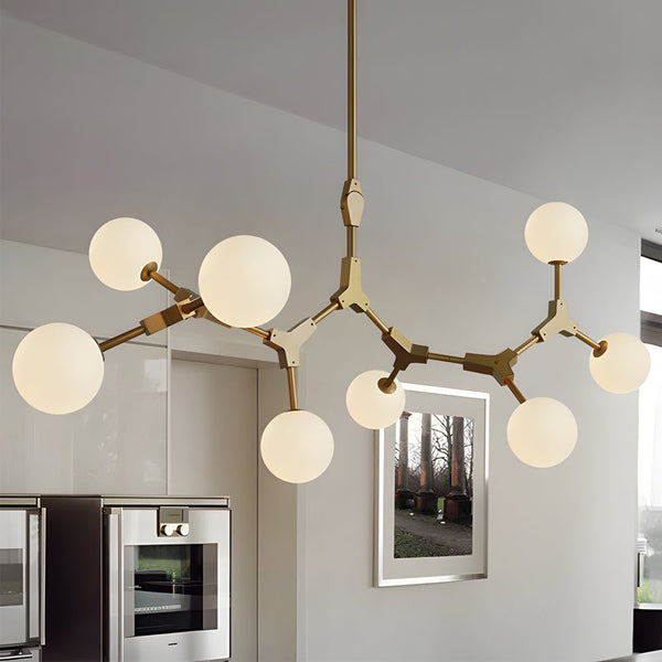 Elegant 6/8-Light Gold Molecule Chandelier with White Glass Shades - Modern Lighting Fixture for Home Decor